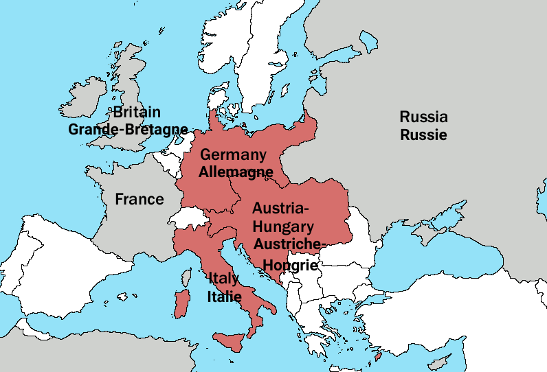 Colour coded map showing two major European alliances in 1914: the Triple Alliance in pink (Germany, Austria-Hungary, and Italy); and the Triple Entente in grey (Britain, France, and the Russian Empire).